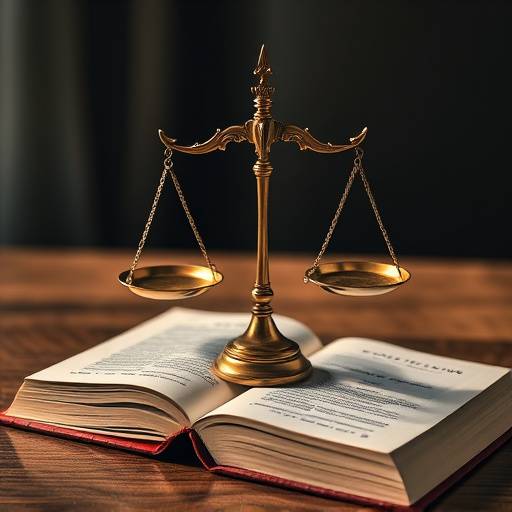 Imagen de una balanza de la justicia sobre un libro, representando la ley y la propiedad intelectual.