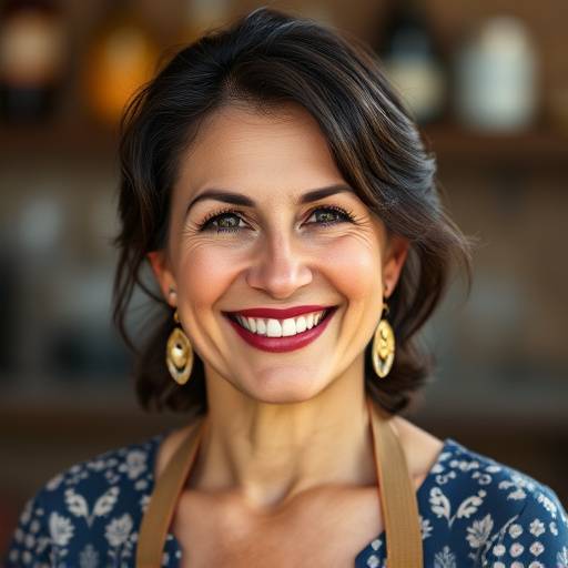 Retrato de Carmen García, embajadora de la cocina española, con una sonrisa cálida y acogedora.