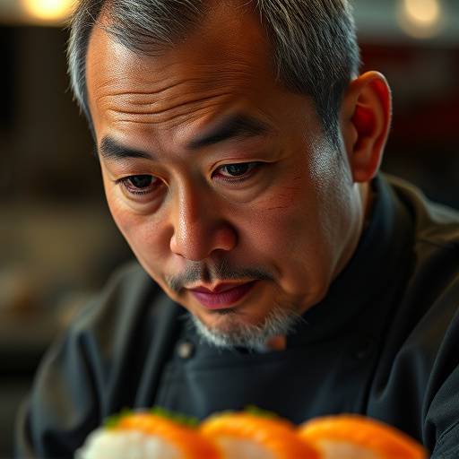 Retrato de Kenji Tanaka, maestro del sushi, con una expresión serena y concentrada.