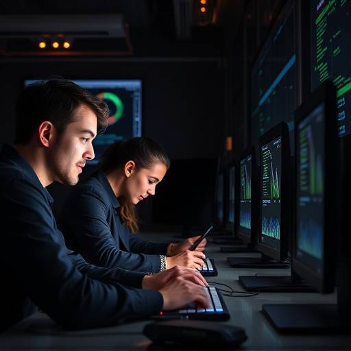 Un equipo de personas trabajando en computadoras, representando la gestión de datos y la seguridad informática.