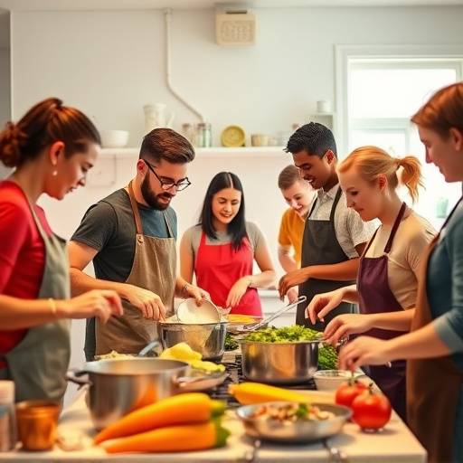 Un grupo diverso de personas cocinando juntas en una cocina, mostrando inclusión y colaboración.