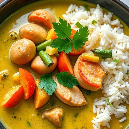 Un plato de curry tailandés verde, con pollo, verduras y arroz jazmín.