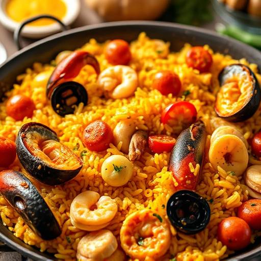 Un plato de paella valenciana, con arroz, mariscos y pollo, cocinada a la perfección.