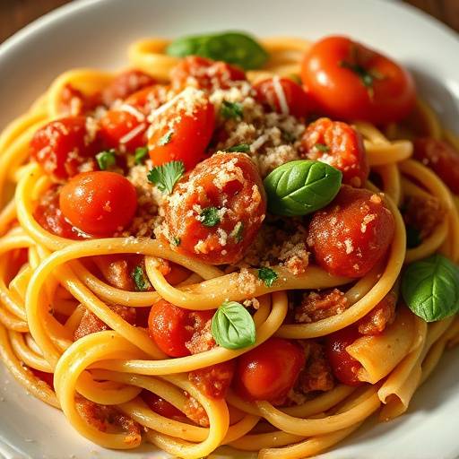 Un plato de pasta italiana, preparado con ingredientes frescos y salsa casera.