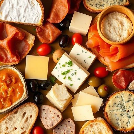 Un plato de tapas españolas variadas, con jamón, queso, aceitunas y pan con tomate.