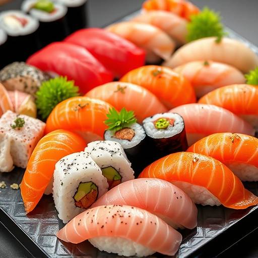 Un surtido de sushi y sashimi fresco, con diferentes tipos de pescado y mariscos.